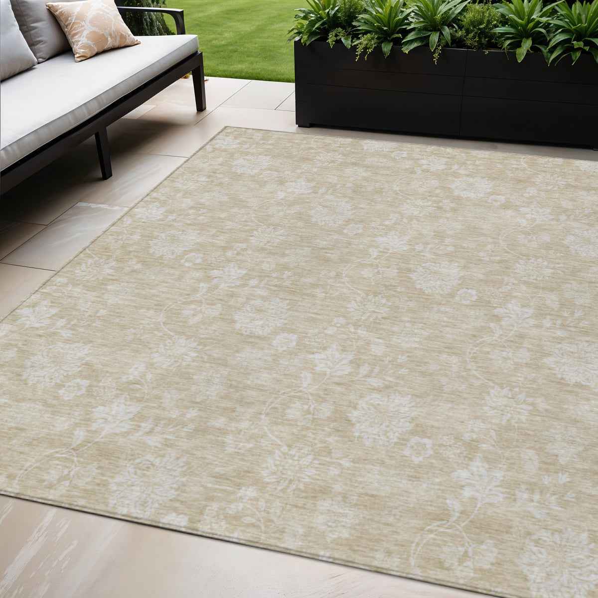 5' X 8' Beige Tan And Ivory Floral Washable Indoor Outdoor Area Rug