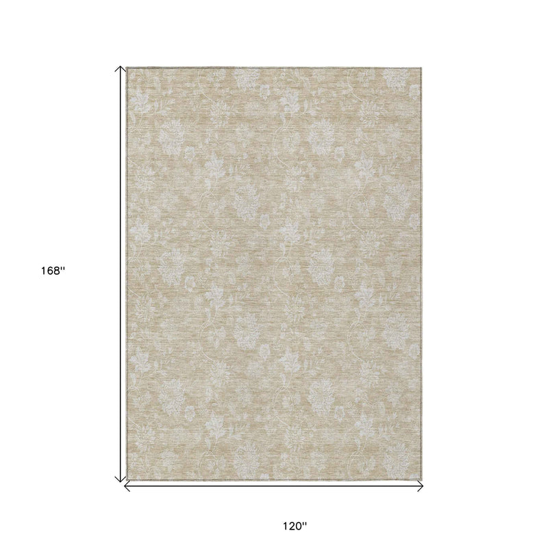 10' X 14' Beige Tan And Ivory Floral Washable Indoor Outdoor Area Rug