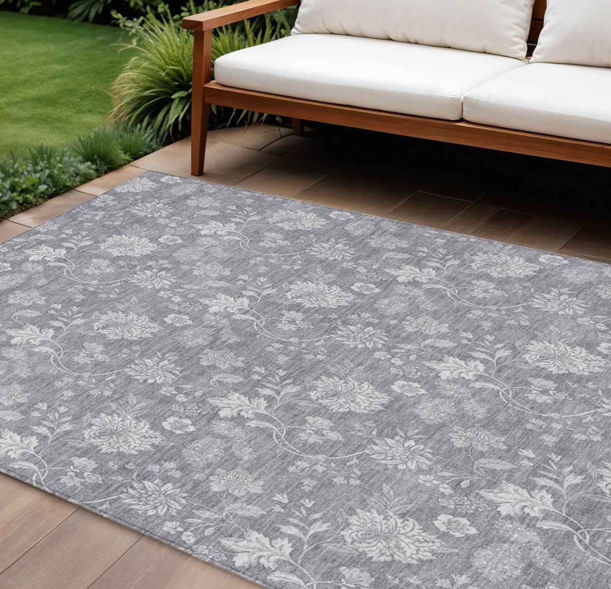8' X 10' Gray Silver And Ivory Floral Washable Indoor Outdoor Area Rug