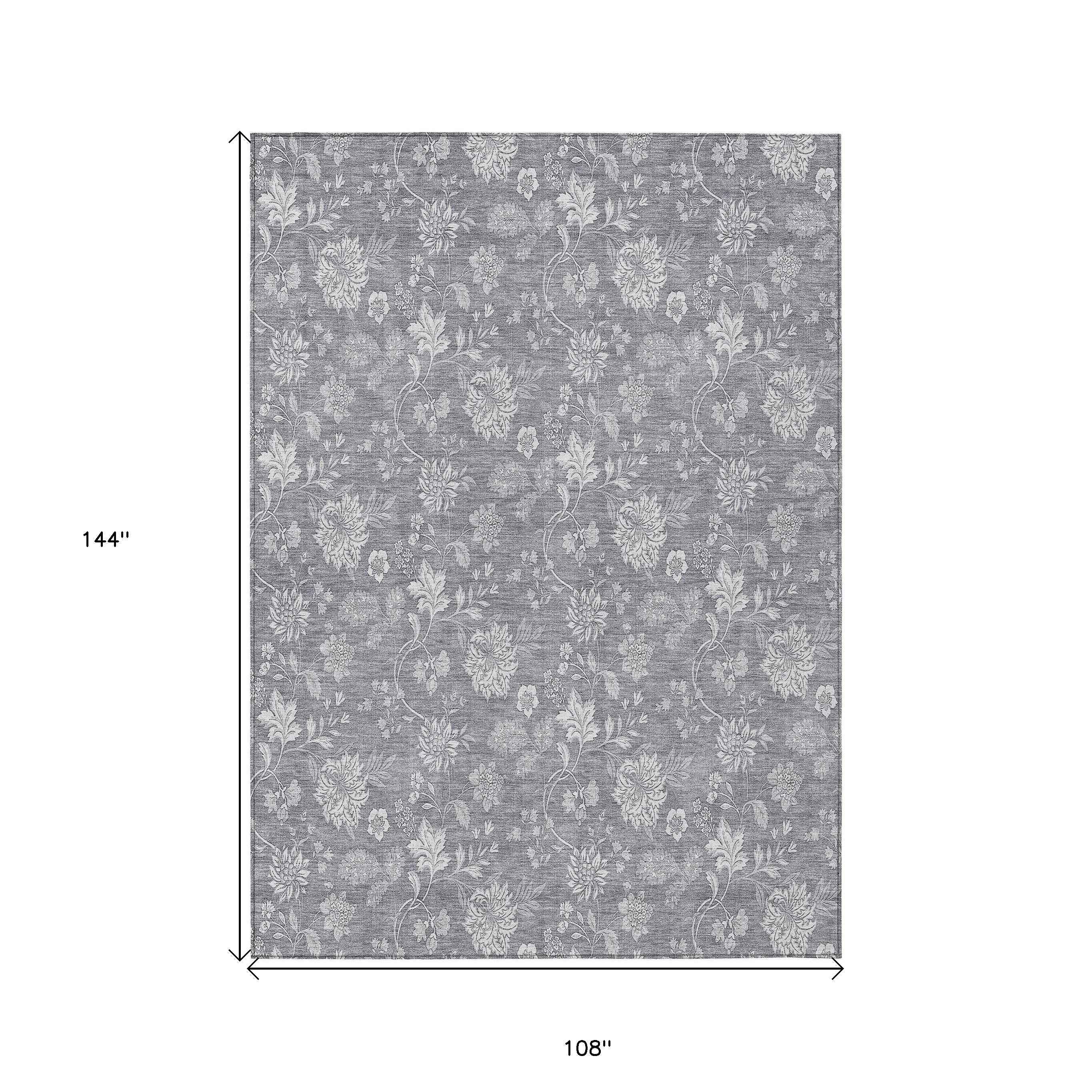 9' X 12' Gray Silver And Ivory Floral Washable Indoor Outdoor Area Rug