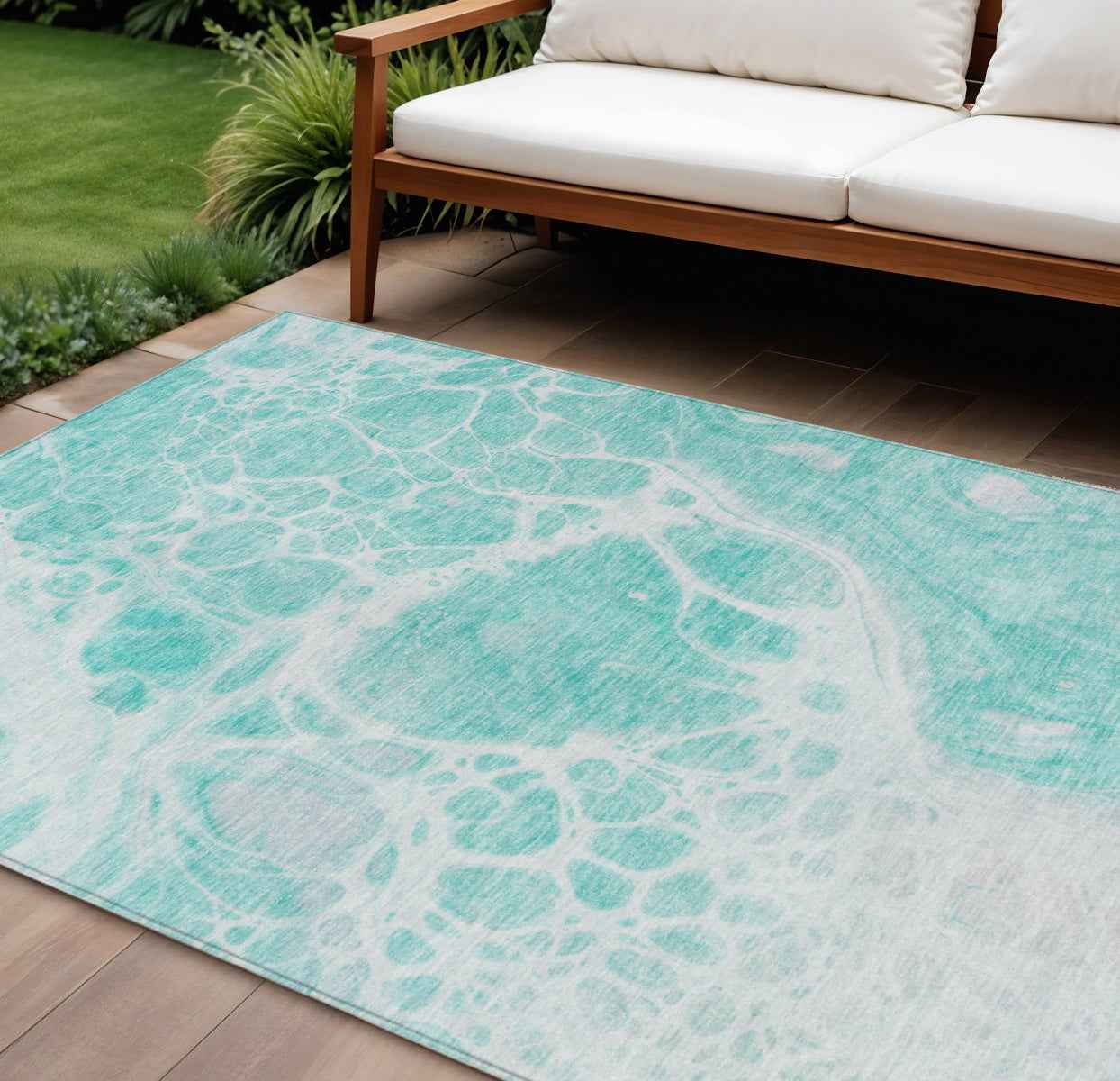 8' X 10' Aqua Teal Blue And Ivory Nautical Washable Indoor Outdoor Area Rug