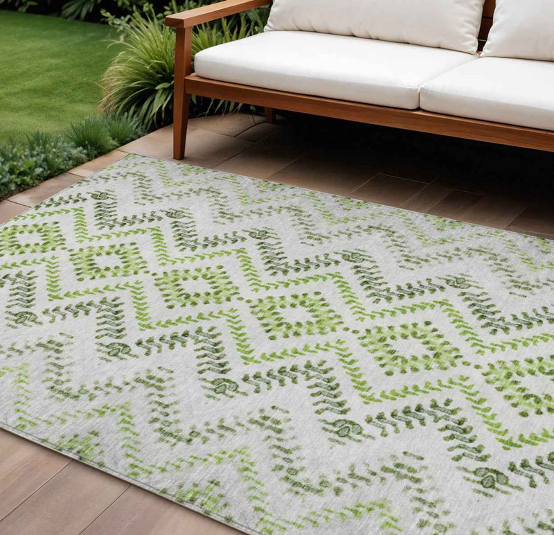 9' X 12' Green Ivory And Gray Geometric Washable Indoor Outdoor Area Rug