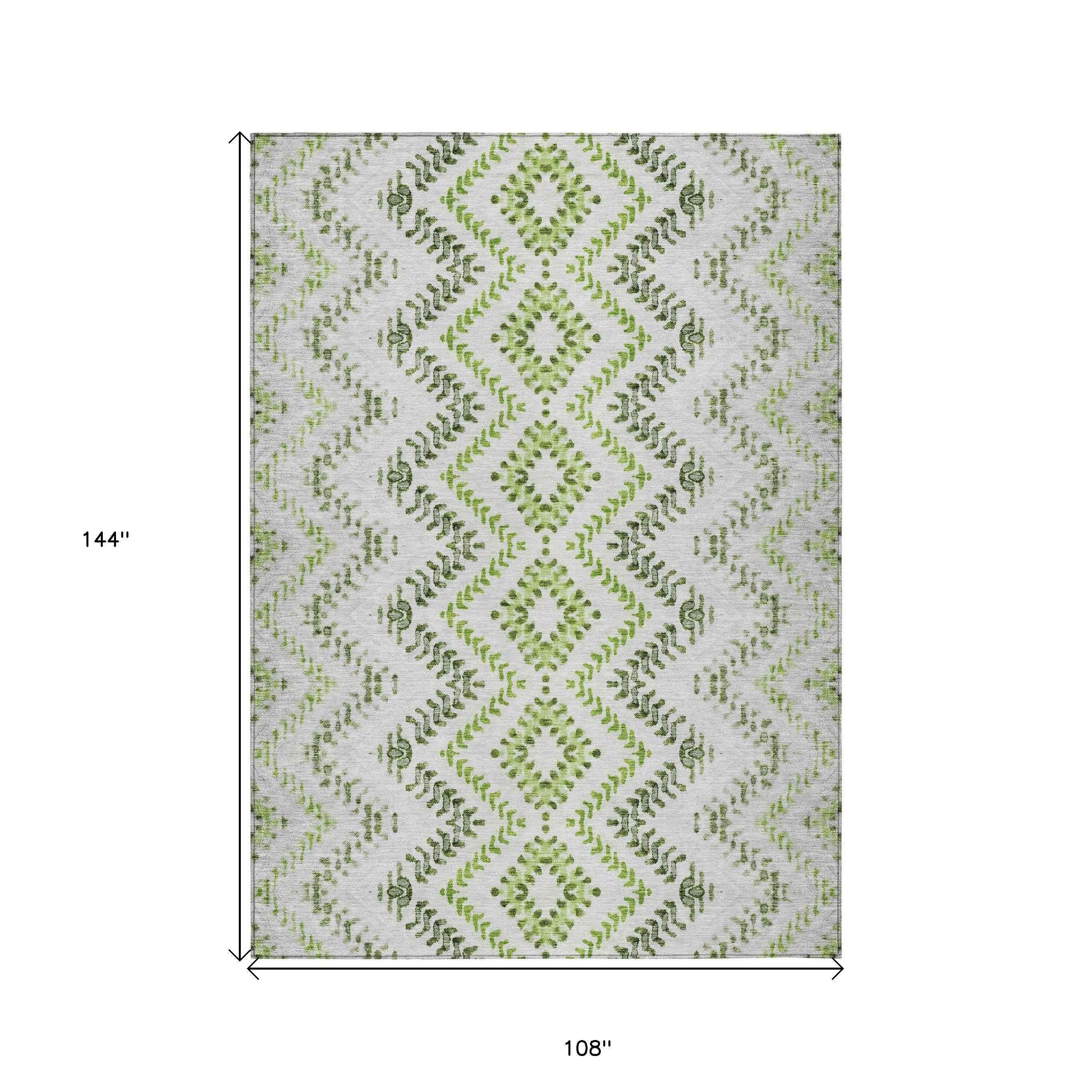 9' X 12' Green Ivory And Gray Geometric Washable Indoor Outdoor Area Rug