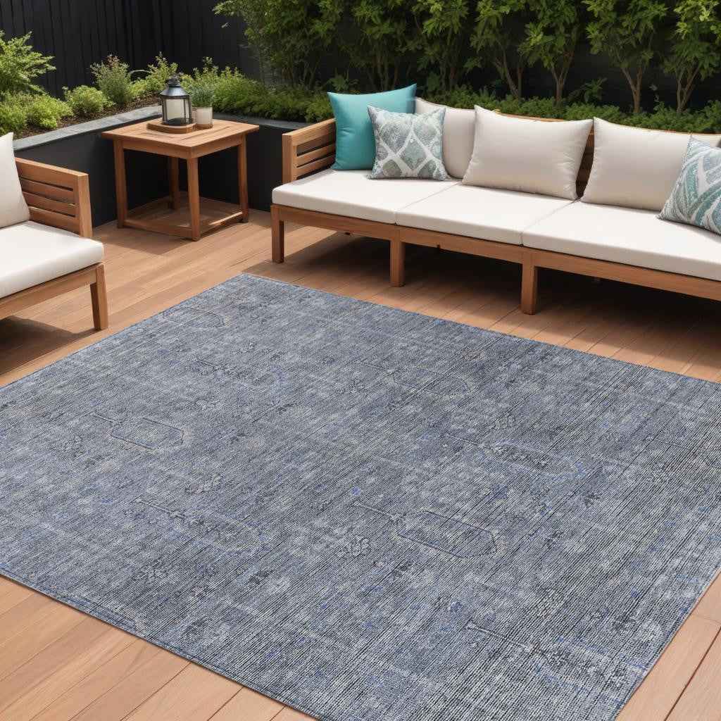 9' X 12' Navy Blue And Gray Southwestern Washable Indoor Outdoor Area Rug