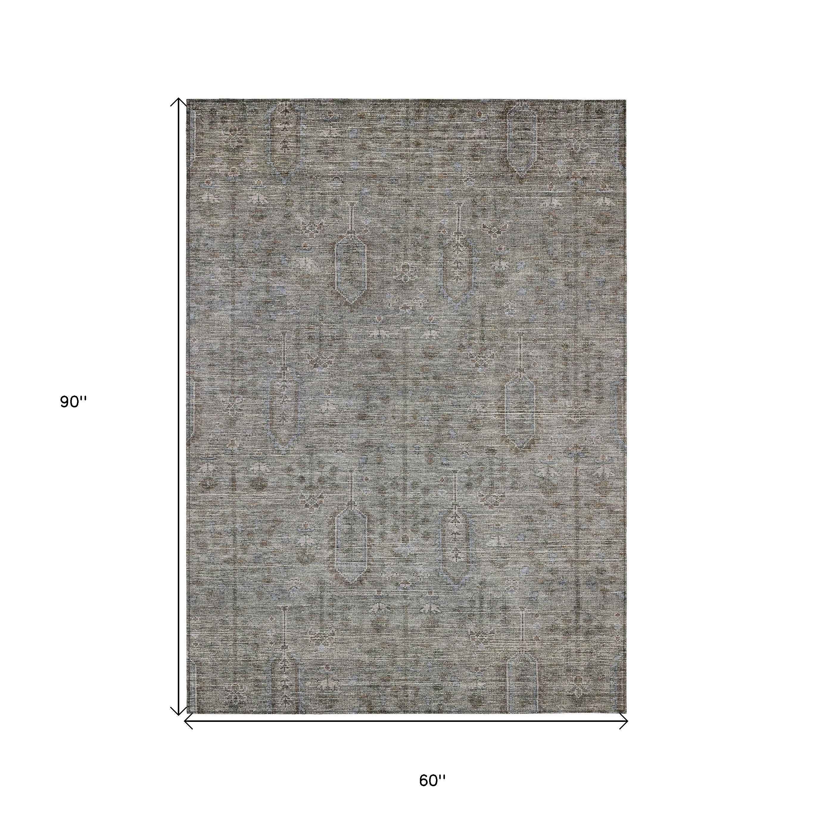 5' X 8' Gray And Silver Southwestern Washable Indoor Outdoor Area Rug