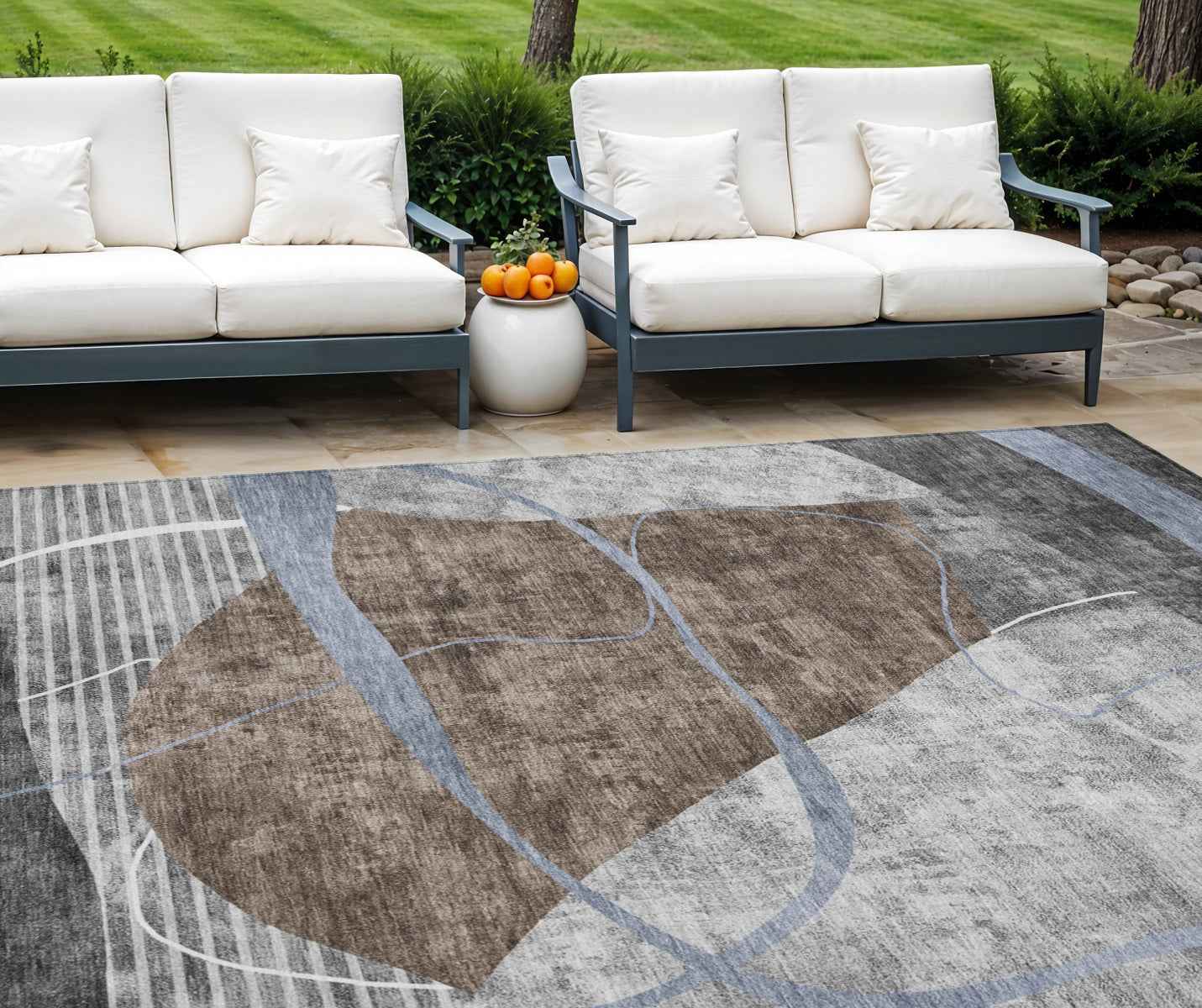 9' X 12' Chocolate Gray And Charcoal Abstract Washable Indoor Outdoor Area Rug