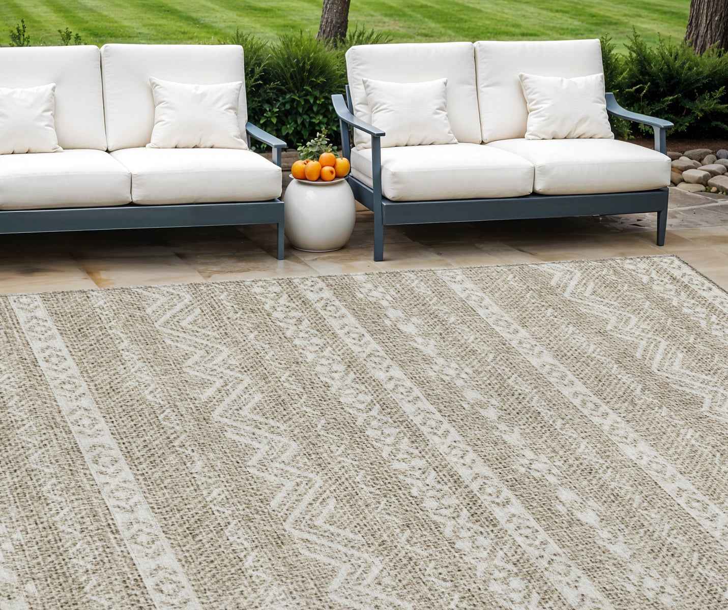 9' X 12' Beige And Ivory Southwestern Washable Indoor Outdoor Area Rug