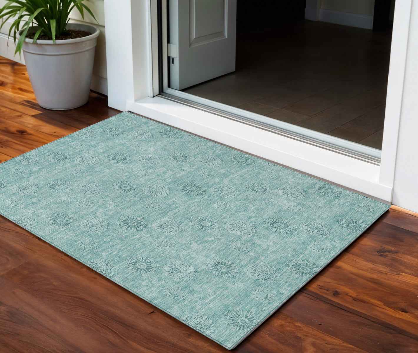 3' X 5' Teal Blue And Ivory Floral Washable Indoor Outdoor Area Rug