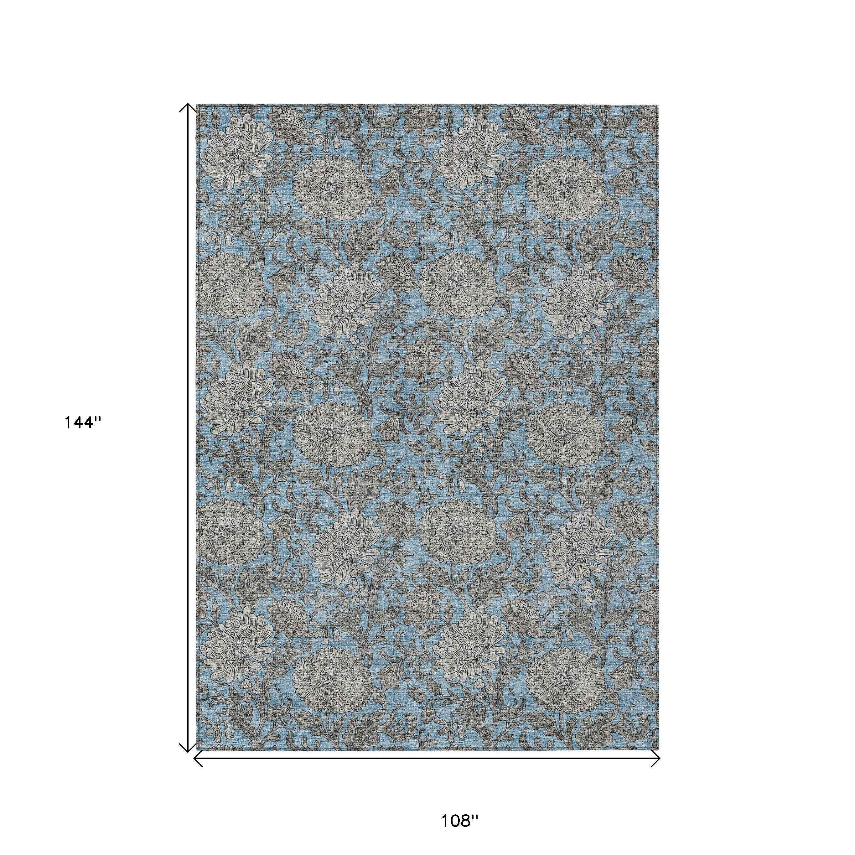 9' X 12' Blue Gray And Silver Floral Washable Indoor Outdoor Area Rug