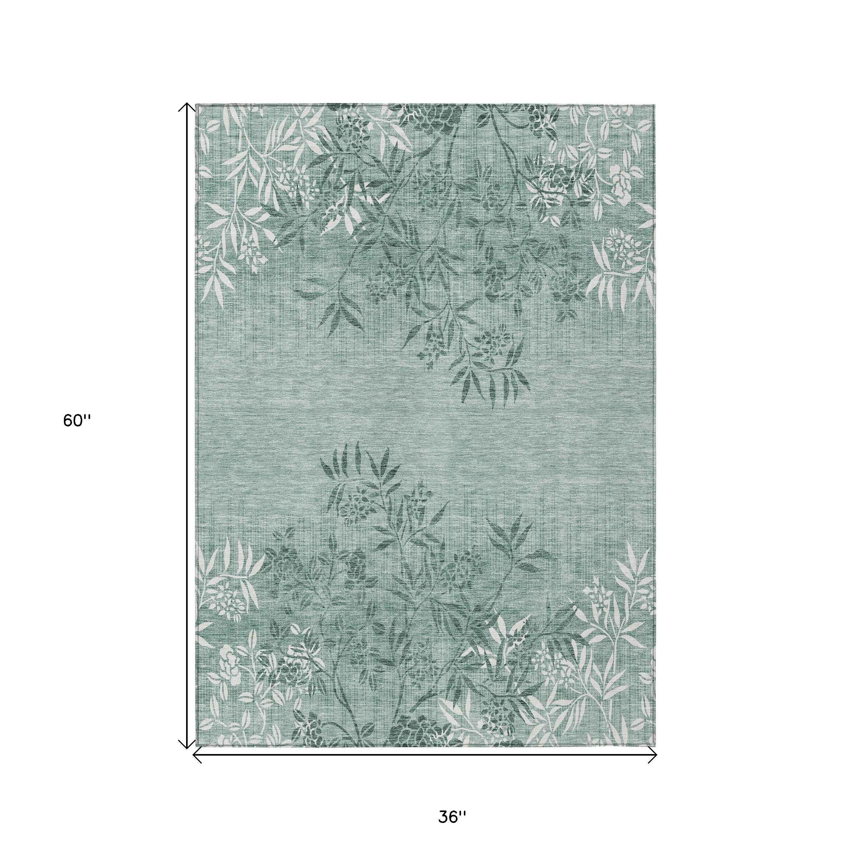 3' X 5' Sage Fern Green And Ivory Floral Washable Indoor Outdoor Area Rug