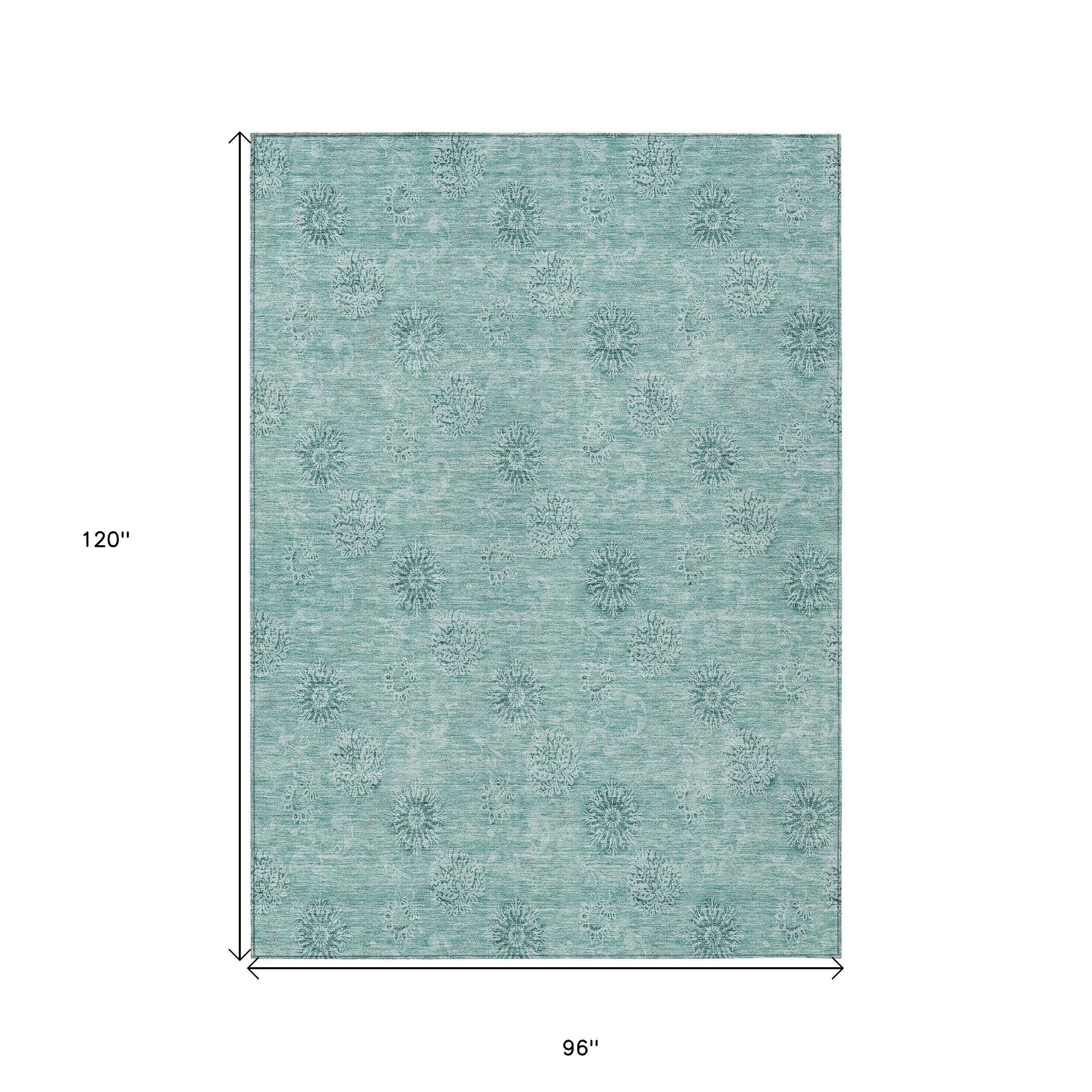 8' X 10' Teal Blue And Ivory Floral Washable Indoor Outdoor Area Rug