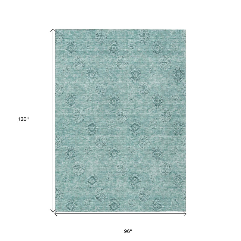 8' X 10' Teal Blue And Ivory Floral Washable Indoor Outdoor Area Rug