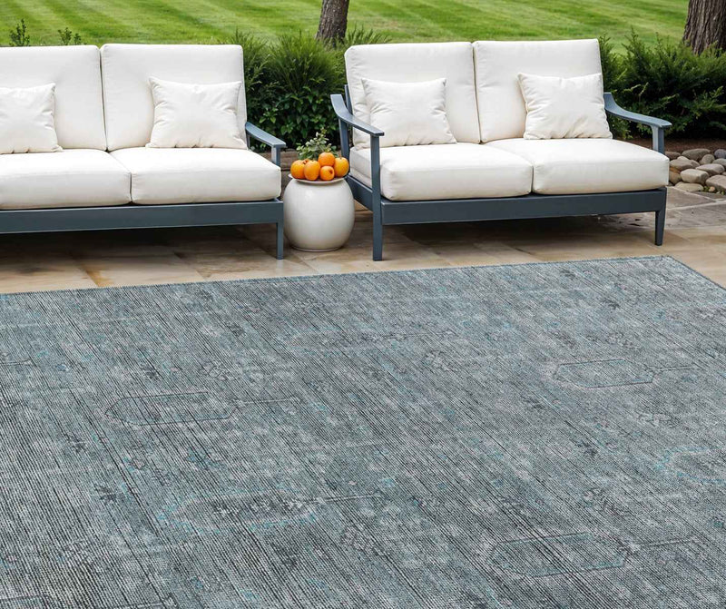 8' X 10' Teal Blue And Gray Southwestern Washable Indoor Outdoor Area Rug