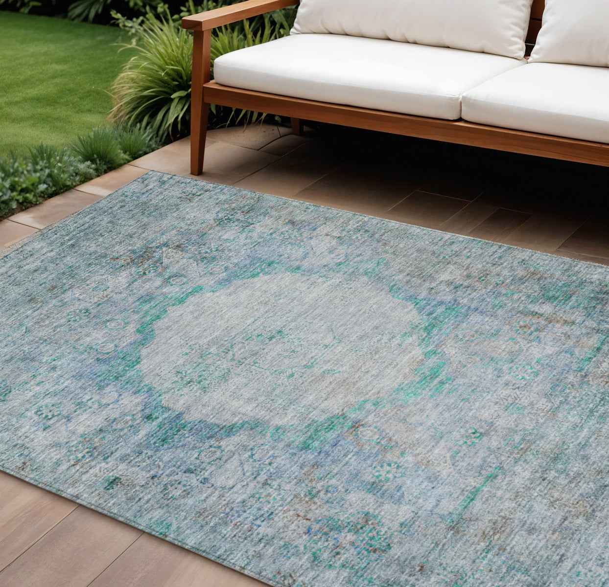9' X 12' Teal Blue Aqua And Gray Oriental Washable Indoor Outdoor Area Rug