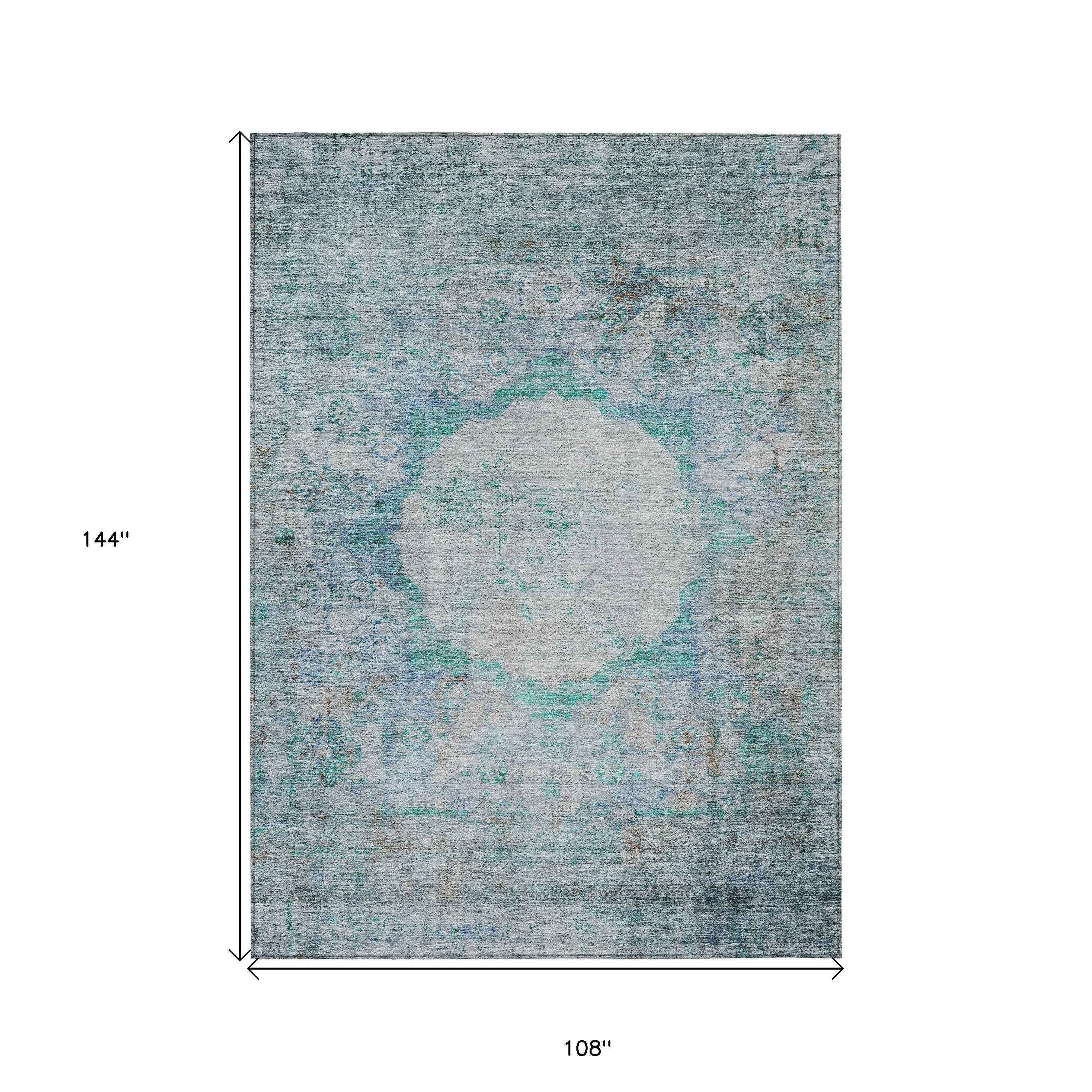 9' X 12' Teal Blue Aqua And Gray Oriental Washable Indoor Outdoor Area Rug