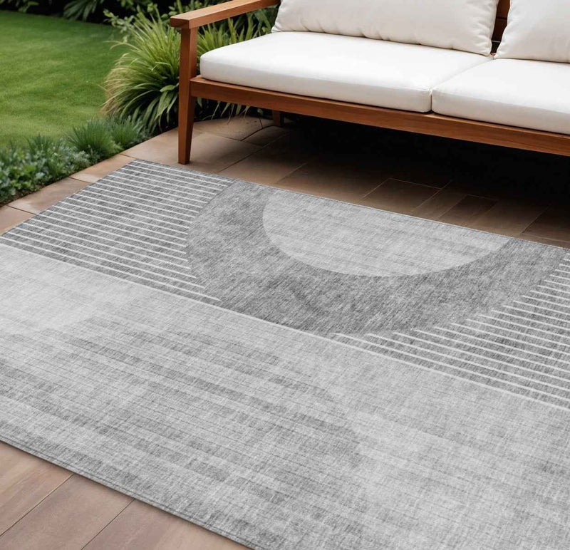9' X 12' Gray Silver And Charcoal Geometric Washable Indoor Outdoor Area Rug