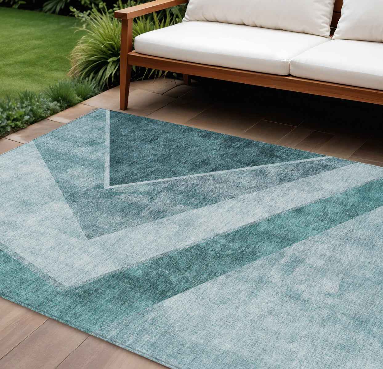 9' X 12' Teal Blue Aqua And Blue Geometric Washable Indoor Outdoor Area Rug