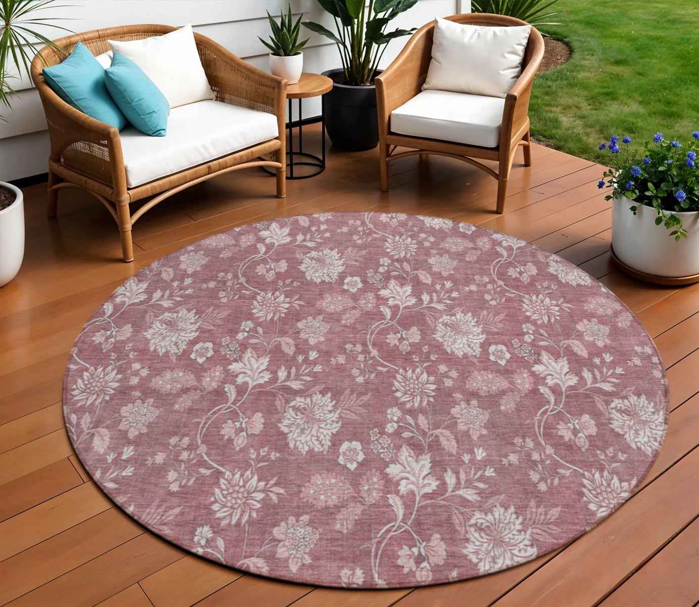 8' Blush Pink And Mauve Round Floral Washable Indoor Outdoor Area Rug