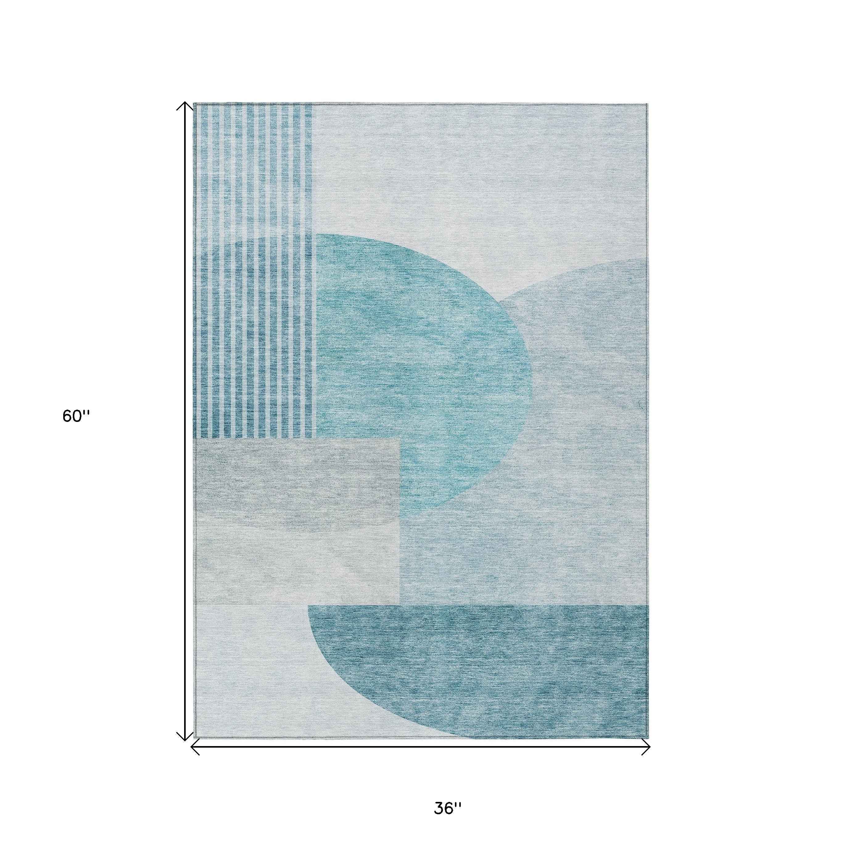 3' X 5' Teal Blue And Silver Geometric Washable Indoor Outdoor Area Rug