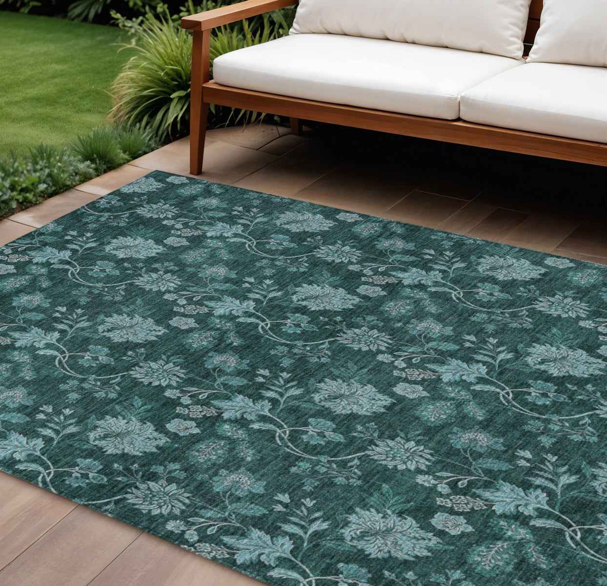 10' X 14' Teal Blue And Aqua Floral Washable Indoor Outdoor Area Rug