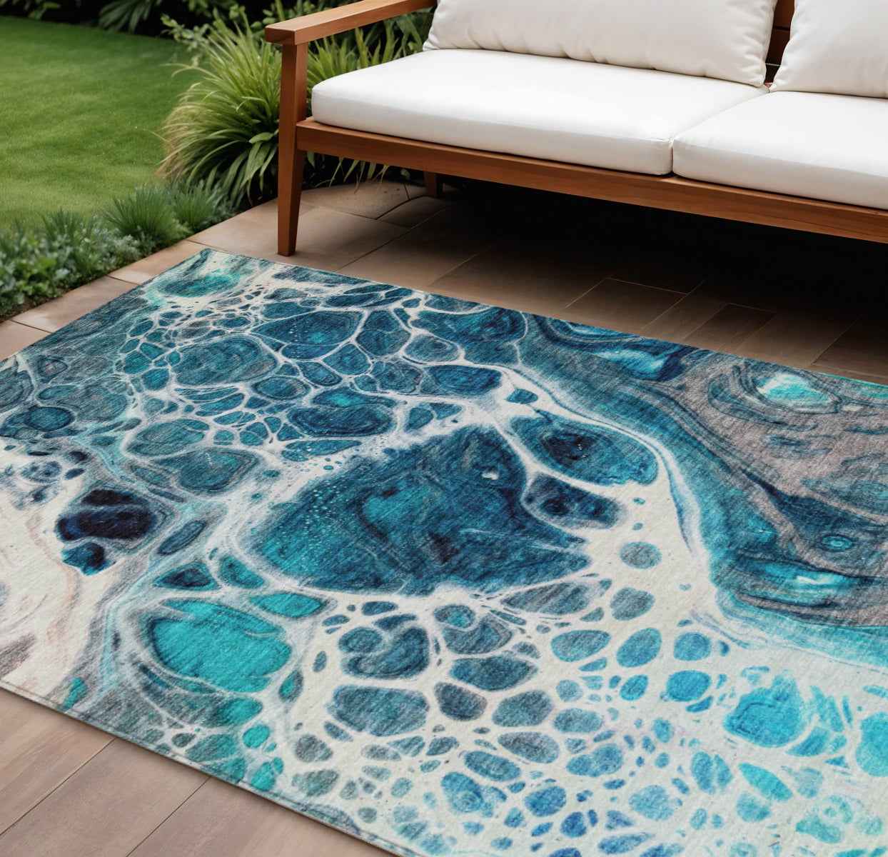 10' X 14' Teal Blue And Navy Blue Nautical Washable Indoor Outdoor Area Rug