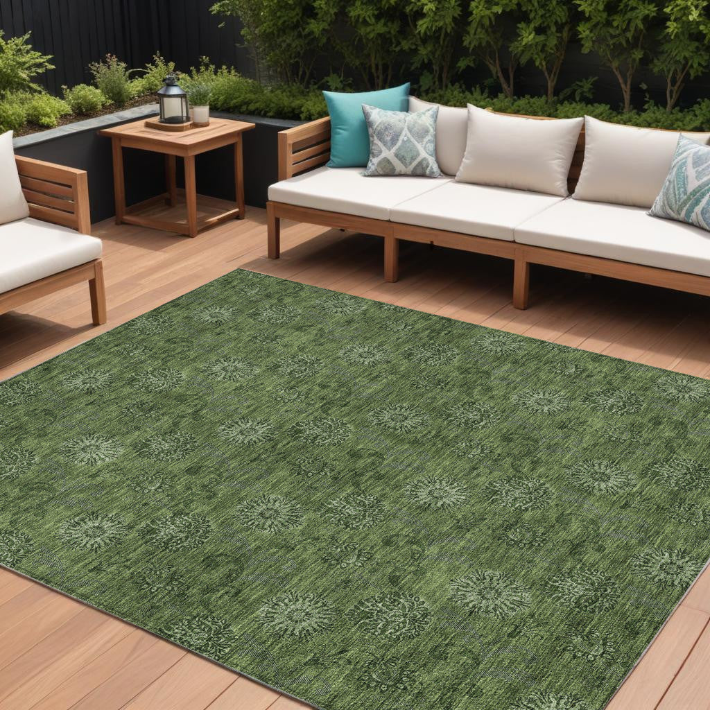 10' X 14' Olive Green And Green Floral Washable Indoor Outdoor Area Rug - Outdoor