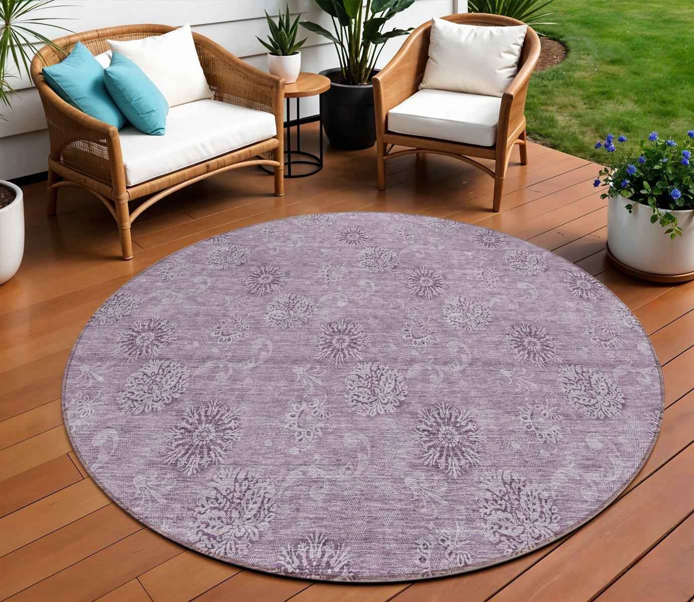 8' Plum And Purple Round Floral Washable Indoor Outdoor Area Rug