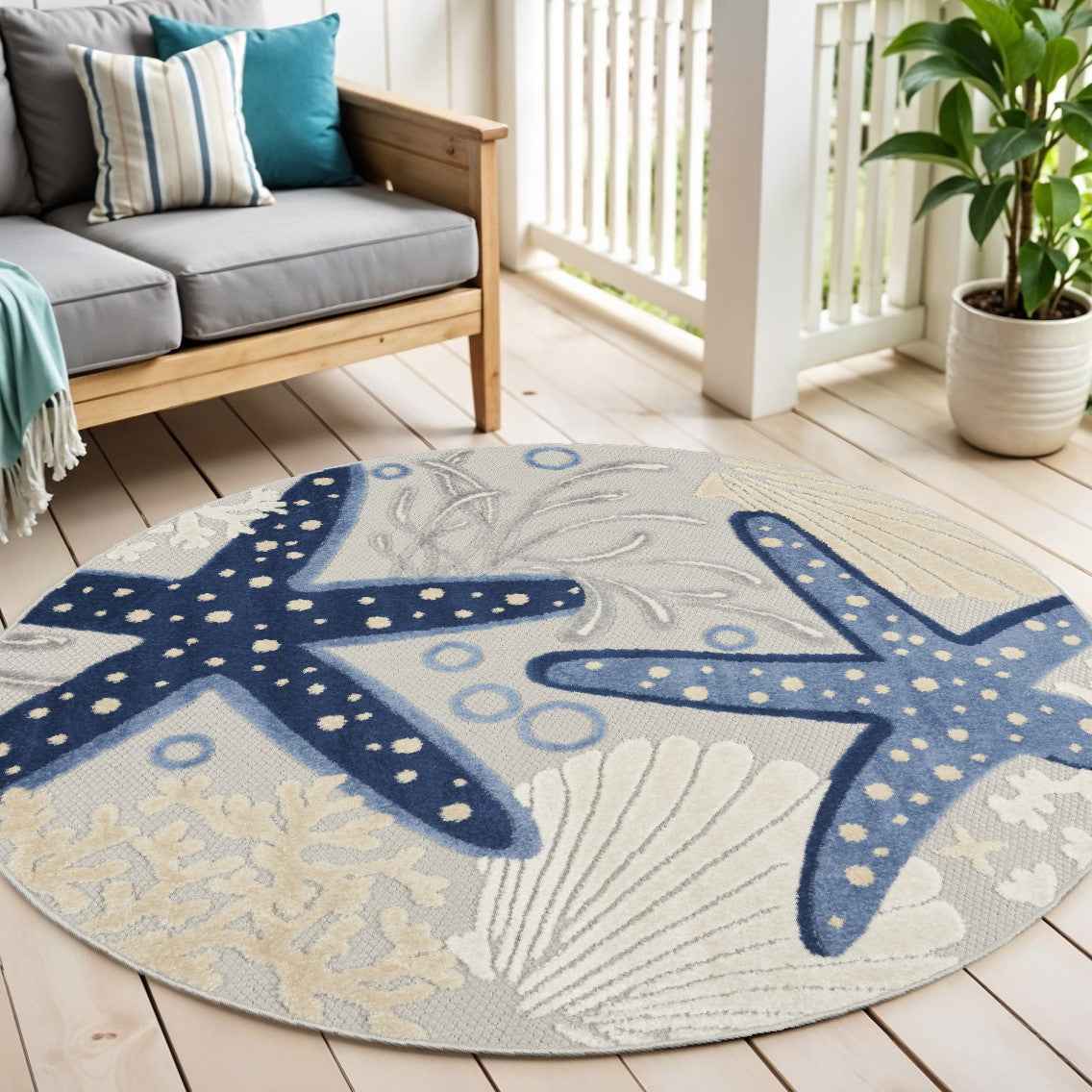 5' Blue And Gray Round Indoor Outdoor Area Rug