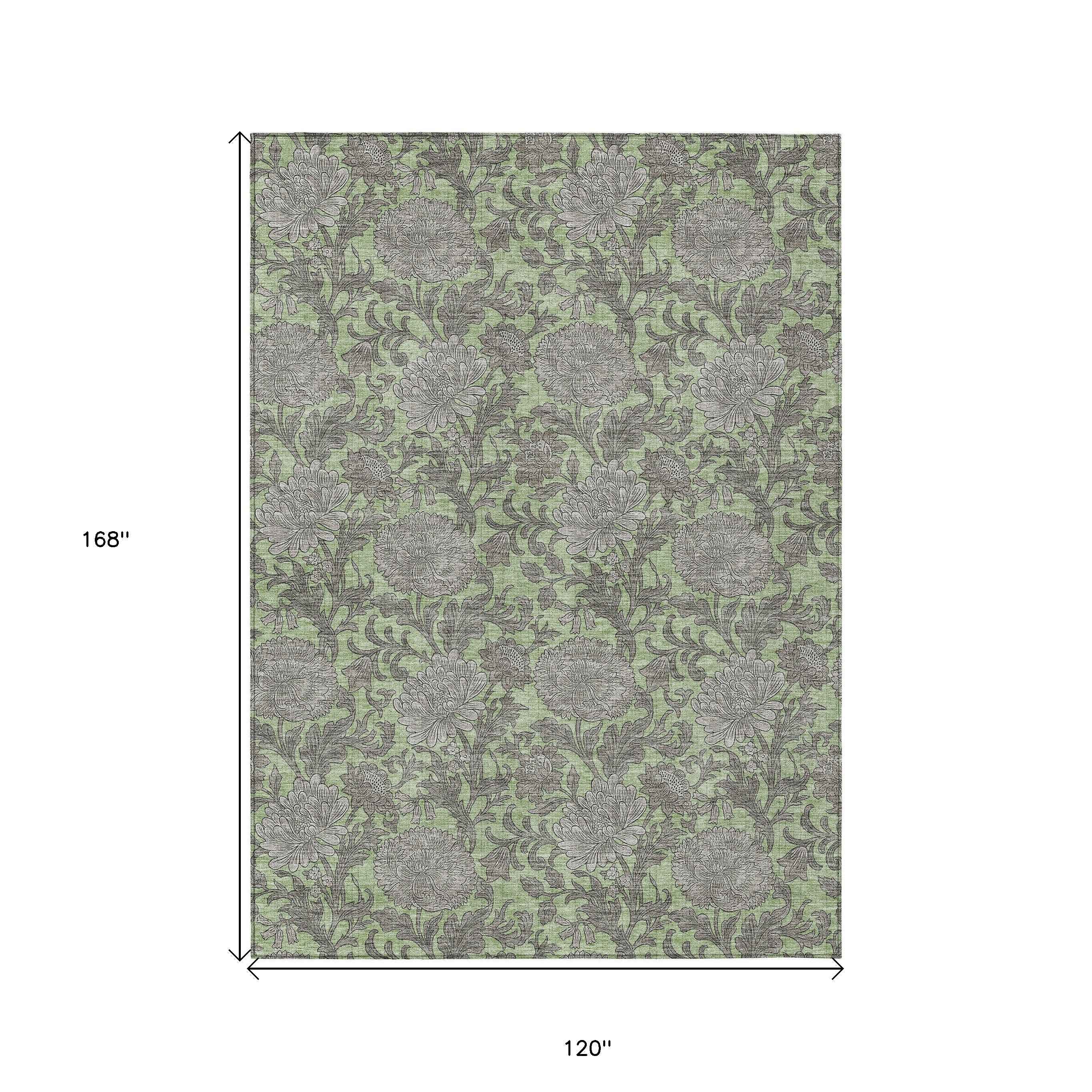10' X 14' Artichoke Green Gray And Taupe Floral Washable Indoor Outdoor Area Rug