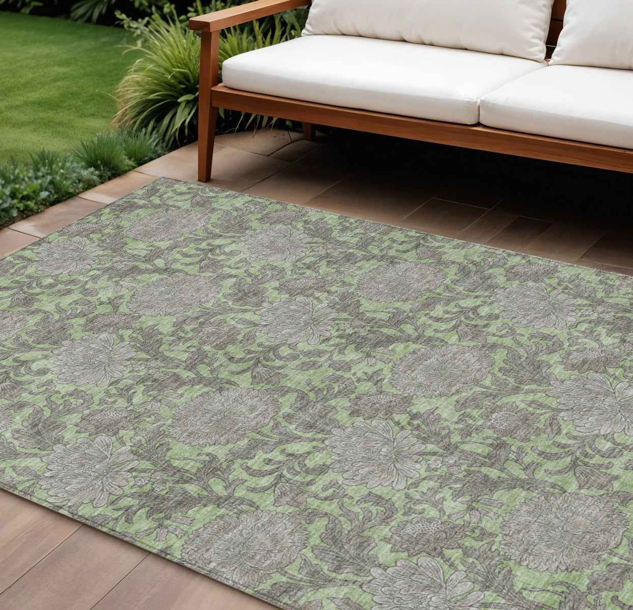 10' X 14' Artichoke Green Gray And Taupe Floral Washable Indoor Outdoor Area Rug