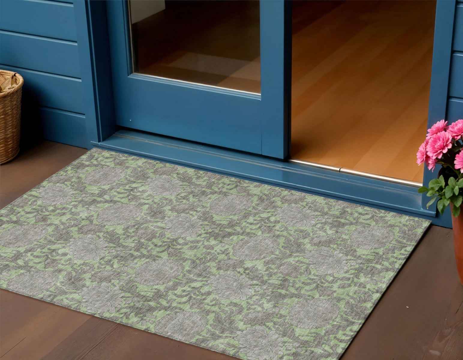 3' X 5' Artichoke Green Gray And Taupe Floral Washable Indoor Outdoor Area Rug