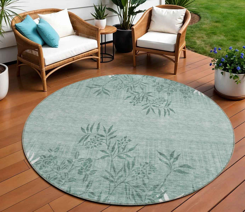 8' Sage Fern Green And Ivory Round Floral Washable Indoor Outdoor Area Rug