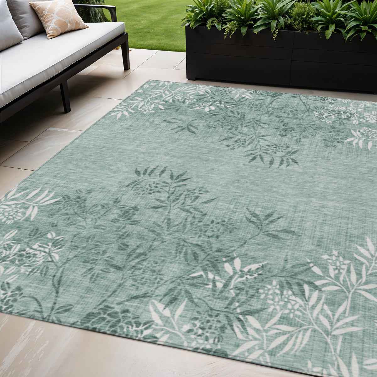 5' X 8' Sage Fern Green And Ivory Floral Washable Indoor Outdoor Area Rug