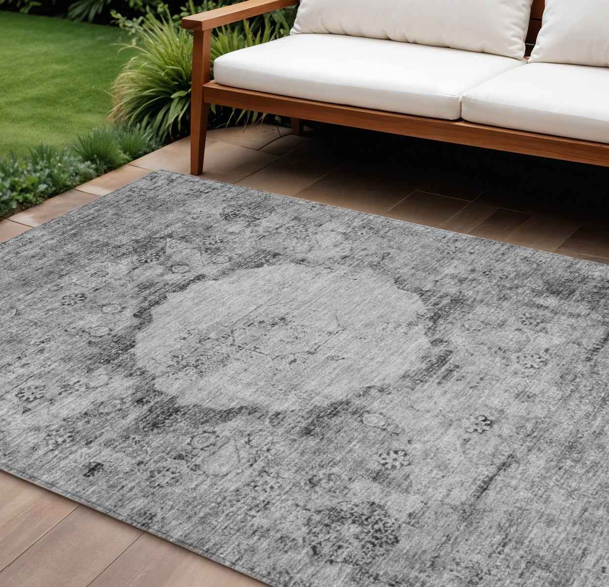 9' X 12' Gray Charcoal And Silver Oriental Washable Indoor Outdoor Area Rug