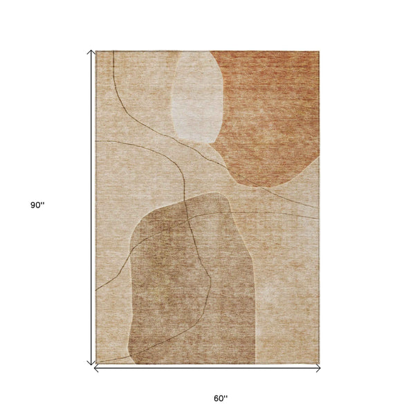 5' X 8' Orange Copper And Terra Cotta Abstract Washable Indoor Outdoor Area Rug