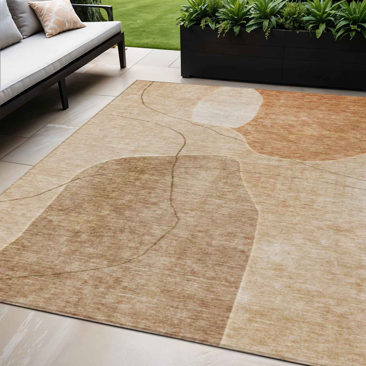 5' X 8' Orange Copper And Terra Cotta Abstract Washable Indoor Outdoor Area Rug