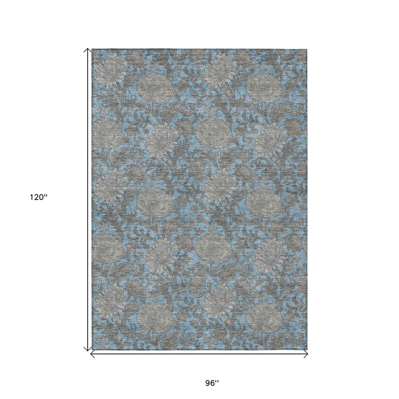 8' X 10' Blue Gray And Silver Floral Washable Indoor Outdoor Area Rug