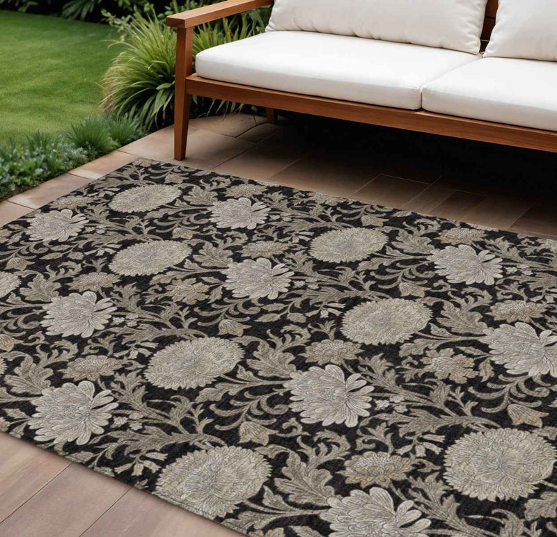 8' X 10' Black Taupe And Beige Floral Washable Indoor Outdoor Area Rug
