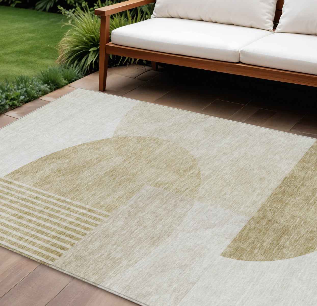 10' X 14' Brown Beige And Ivory Geometric Washable Indoor Outdoor Area Rug