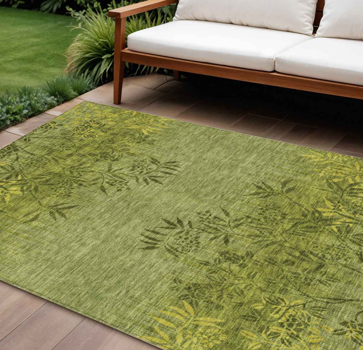 10' X 14' Olive Green And Fern Green Floral Washable Indoor Outdoor Area Rug
