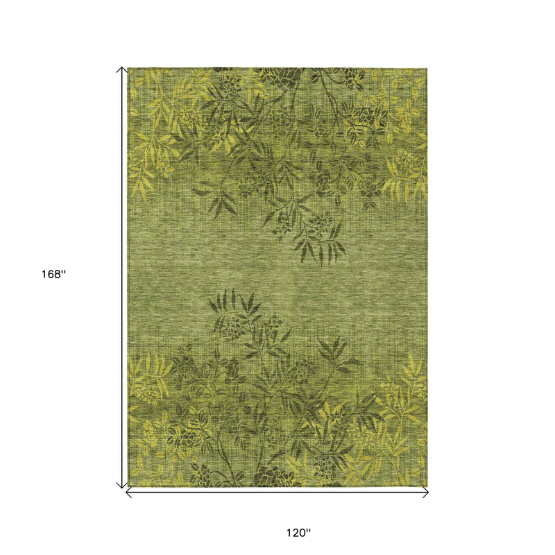 10' X 14' Olive Green And Fern Green Floral Washable Indoor Outdoor Area Rug