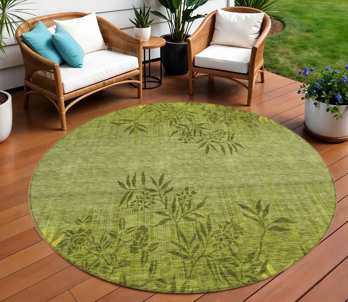 8' Olive Green And Fern Green Round Floral Washable Indoor Outdoor Area Rug