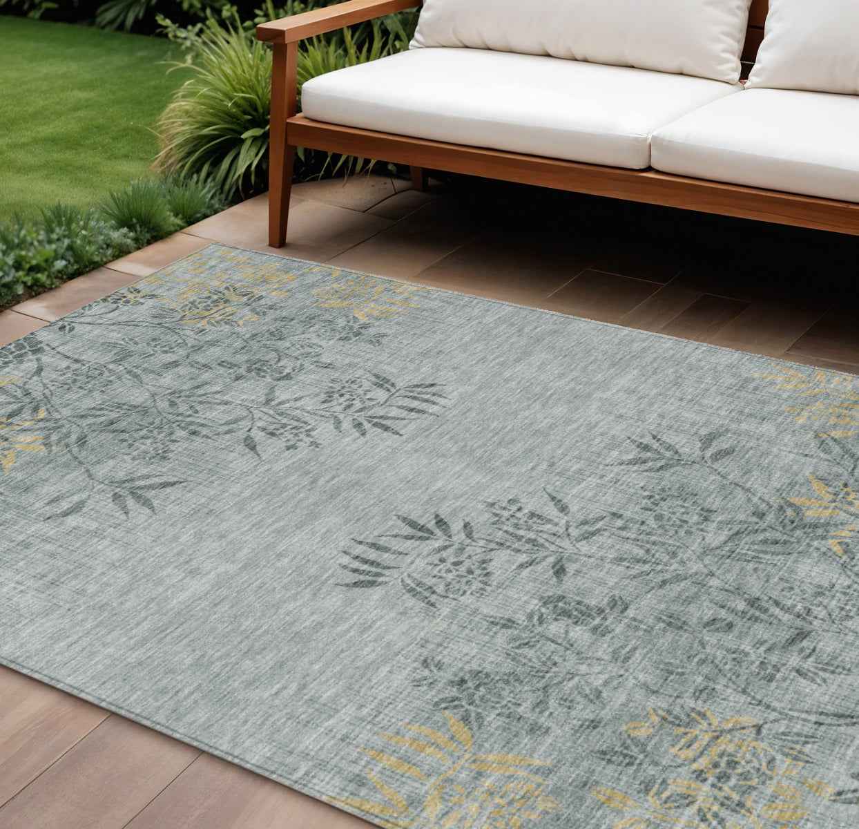 10' X 14' Gray Charcoal And Gold Floral Washable Indoor Outdoor Area Rug