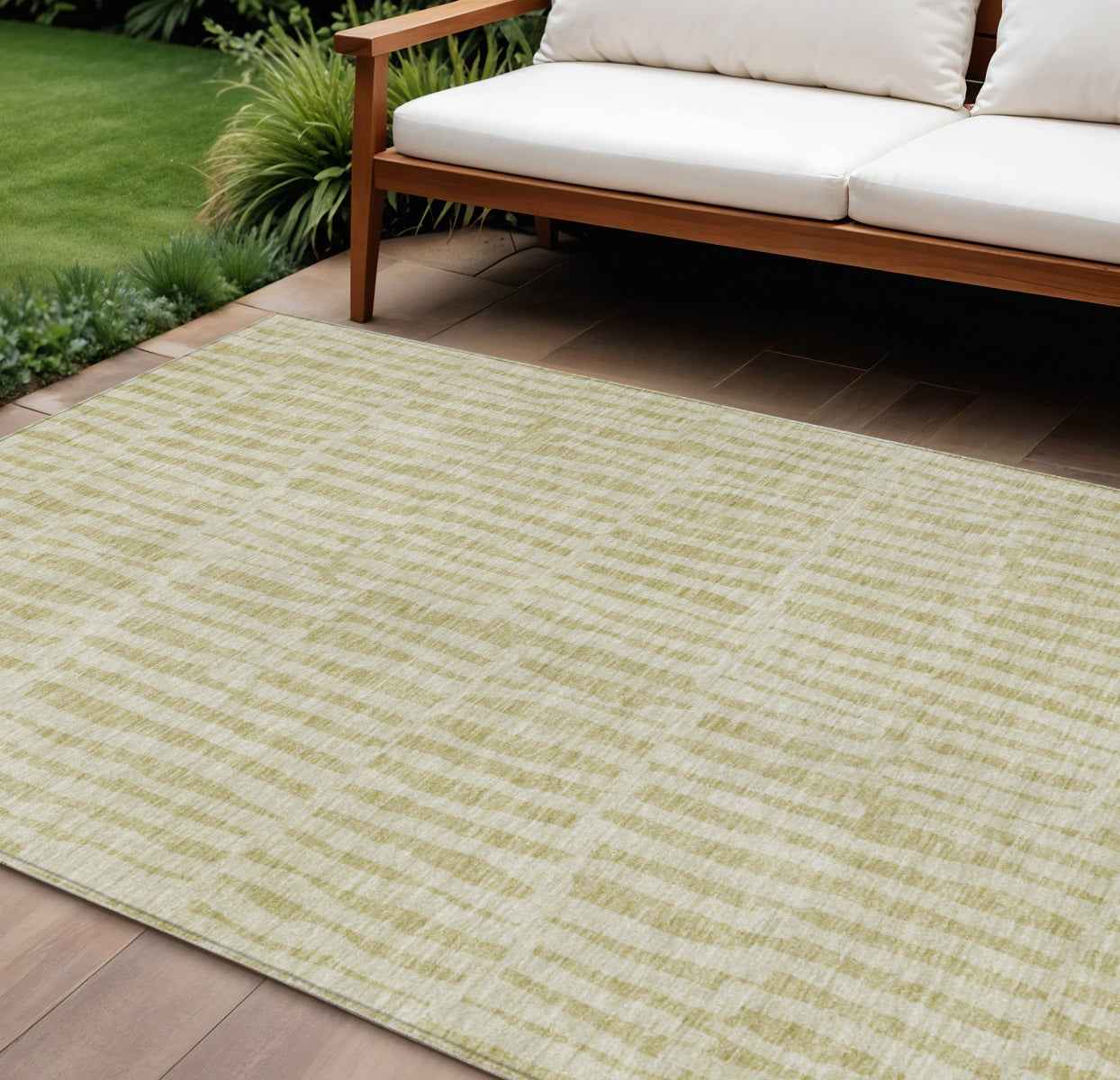 8' X 10' Beige And Tan Striped Washable Indoor Outdoor Area Rug