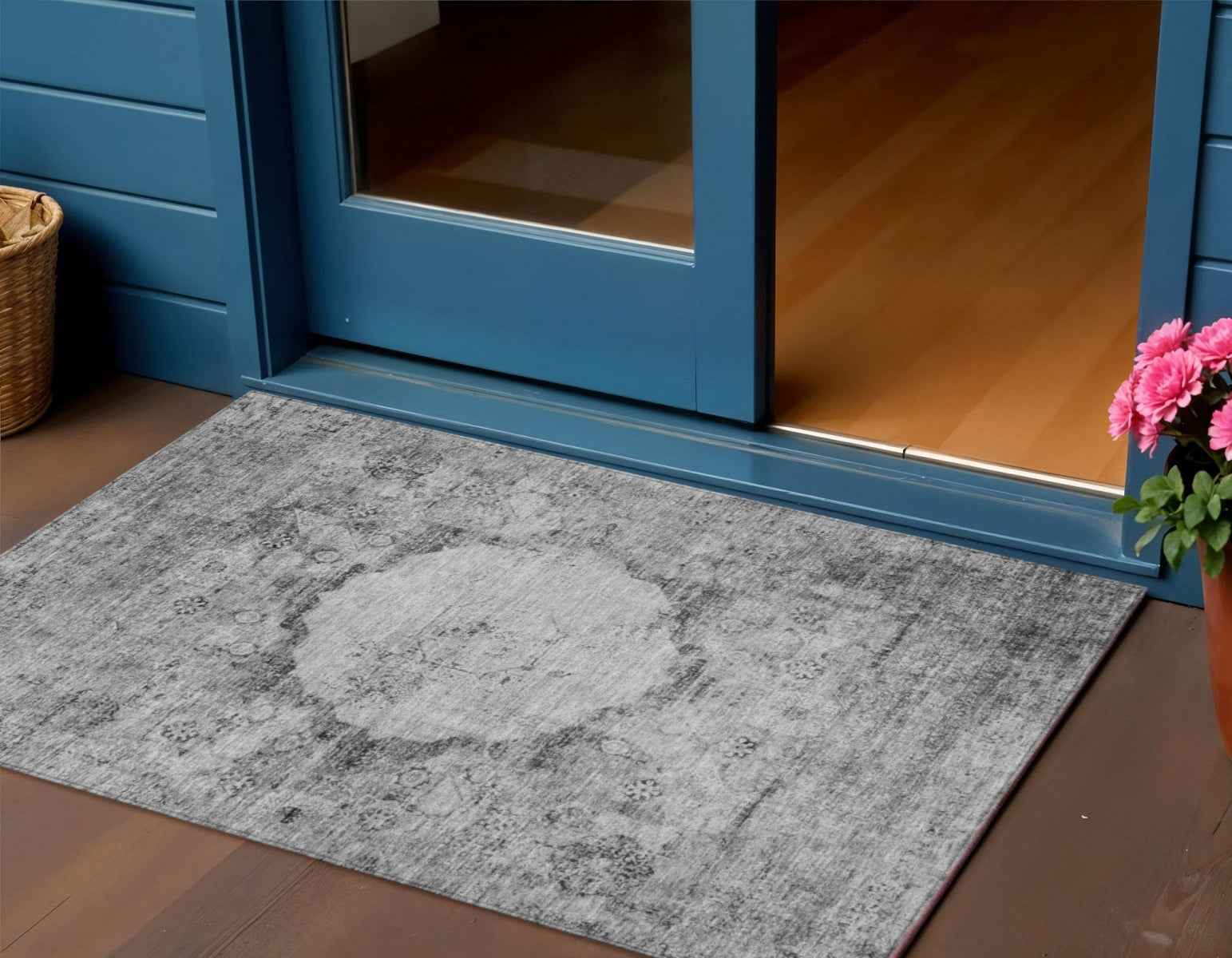 3' X 5' Gray Charcoal And Silver Oriental Washable Indoor Outdoor Area Rug