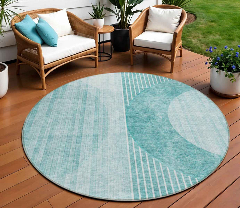 8' Teal Blue And Aqua Round Geometric Washable Indoor Outdoor Area Rug