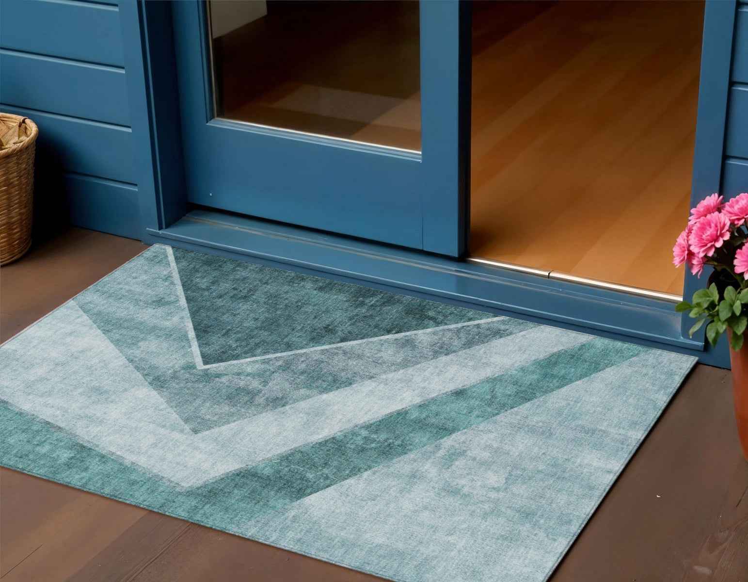 3' X 5' Teal Blue Aqua And Blue Geometric Washable Indoor Outdoor Area Rug
