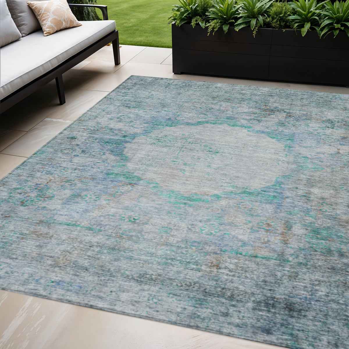 5' X 8' Teal Blue Aqua And Gray Oriental Washable Indoor Outdoor Area Rug