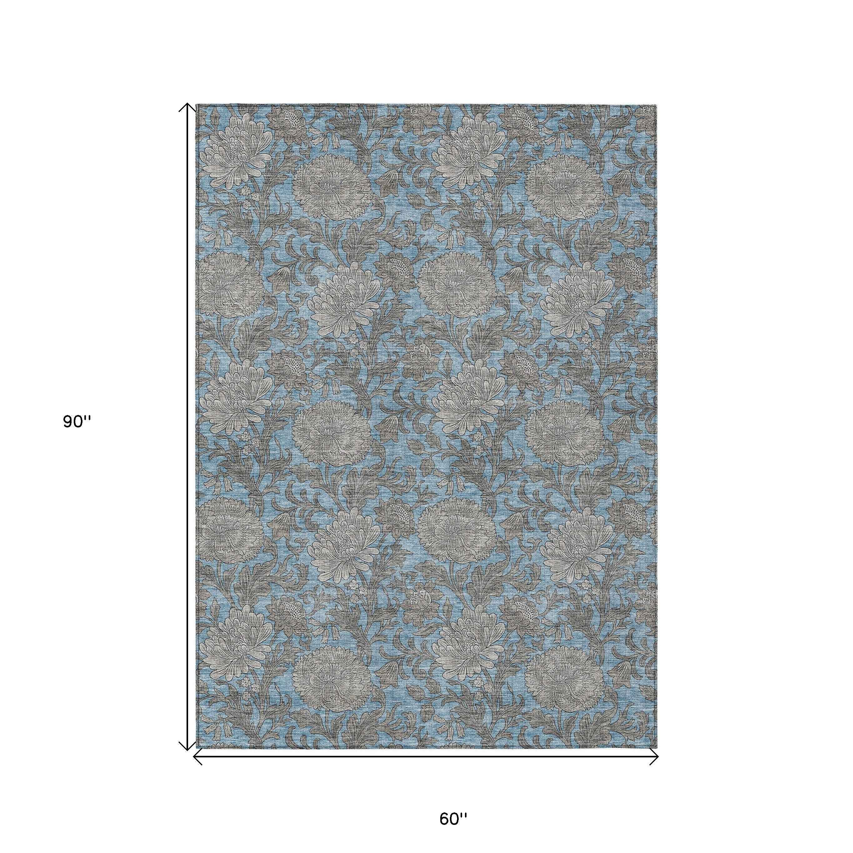 5' X 8' Blue Gray And Silver Floral Washable Indoor Outdoor Area Rug