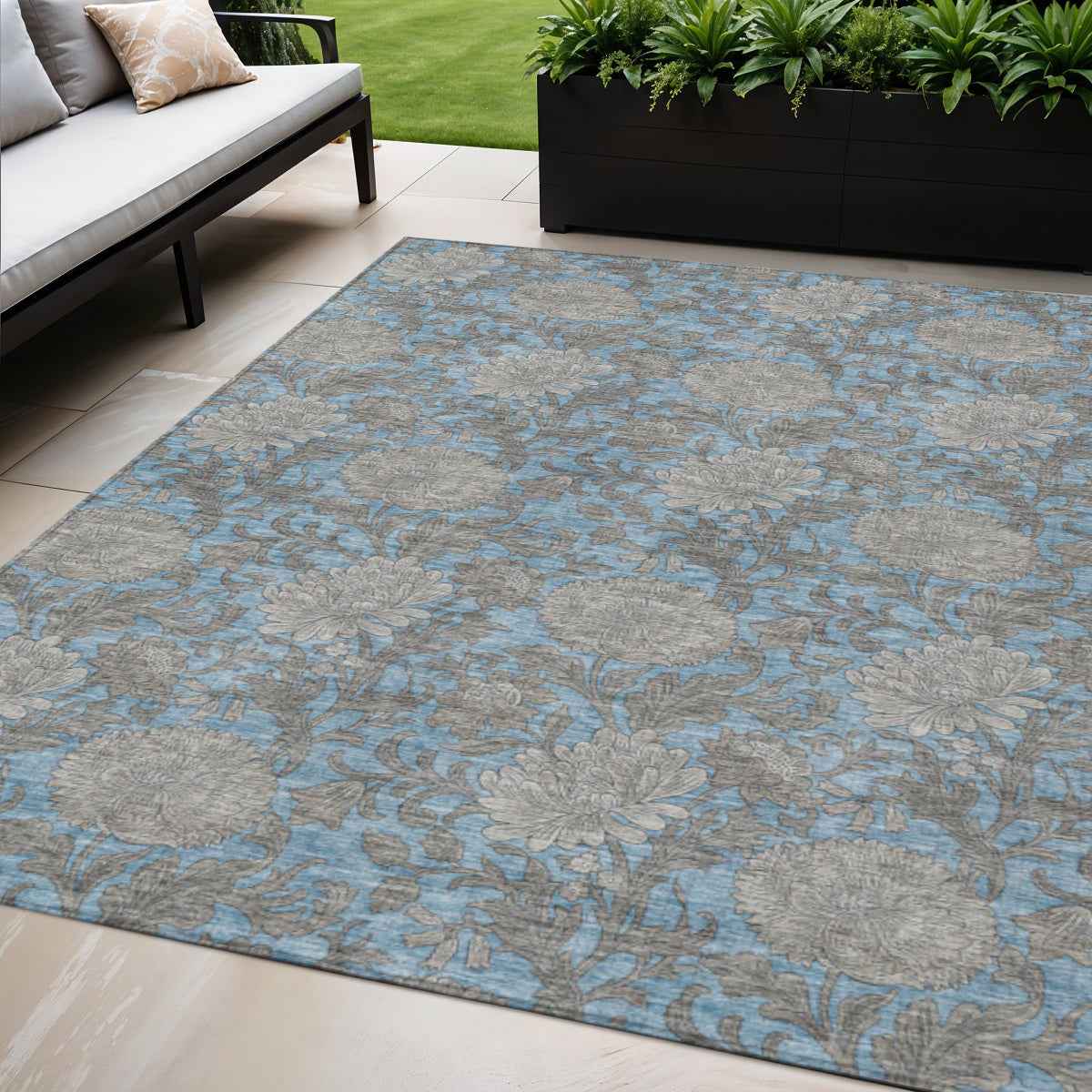 5' X 8' Blue Gray And Silver Floral Washable Indoor Outdoor Area Rug